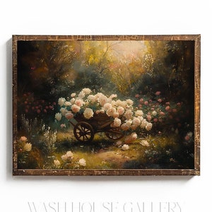 フラワーカートペインティング 印刷可能なウォールアート コテージコアフローラルウォールアート シャビーシックアートプリント 春のコテージコアウォールアート ガーデンアート 手押し車