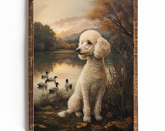 May include: A white poodle sits by a lake in a framed painting. The dog is looking to the left of the image. The lake is surrounded by trees and there are ducks swimming in the water.