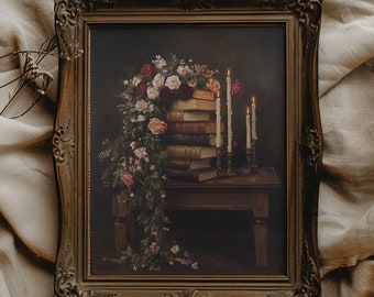 Dark Academia Wall Art Dark Cottagecore Buch Wandkunst für Lese Nook Decor Geschenk für Leser Geschenk für Buchliebhaber Moody Floral Wandkunst Moody