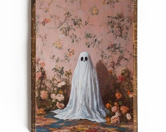 Pink Halloween Ghost Art Print, Cute Spooky Cottagecore (Digital Download)