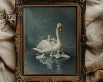 Swan Family Art Print, Elegant Cottagecore Nursery Decor