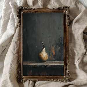 Pear Cottagecore Kitchen Wall Art Primitive Vintage Fruit Still Life Print for Rustic Farmhouse Style Kitchen Dark Moody Kitchen Art