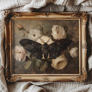 Moth Print Dark Cottagecore Wall Art Dark Botanical Prints Farmhouse Wall Art Vintage Printable Instant Download Vintage Butterfly Print