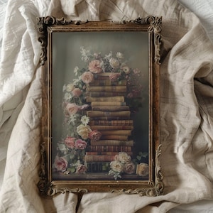 Vintage Book Wall Art Dark Cottagecore Wall Art for Reading Nook Decor Dark Academia Print Stack of Books Painting Shabby Chic Wall Art