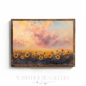 Sunflower Wall Art Sunflower Field Painting Printable Cottagecore Sunflower Art Vintage Oil Painting of Sunflower Field Print Pink Sky Print