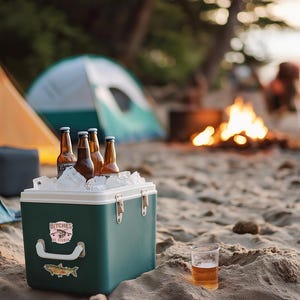 May include: A green cooler with a sticker that says "Bitches Be Fishin'" and a fish illustration. The cooler is filled with ice and beer bottles. A glass of beer sits on the sand in the foreground.