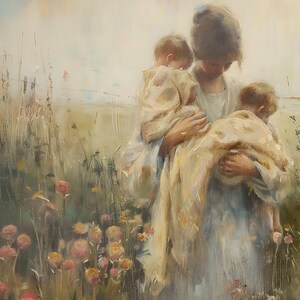 May include: A painting of a woman holding two young children in a field of wildflowers. The woman is wearing a white dress and the children are wearing white and yellow clothing. The background is a soft, muted palette of greens, blues, and yellows.