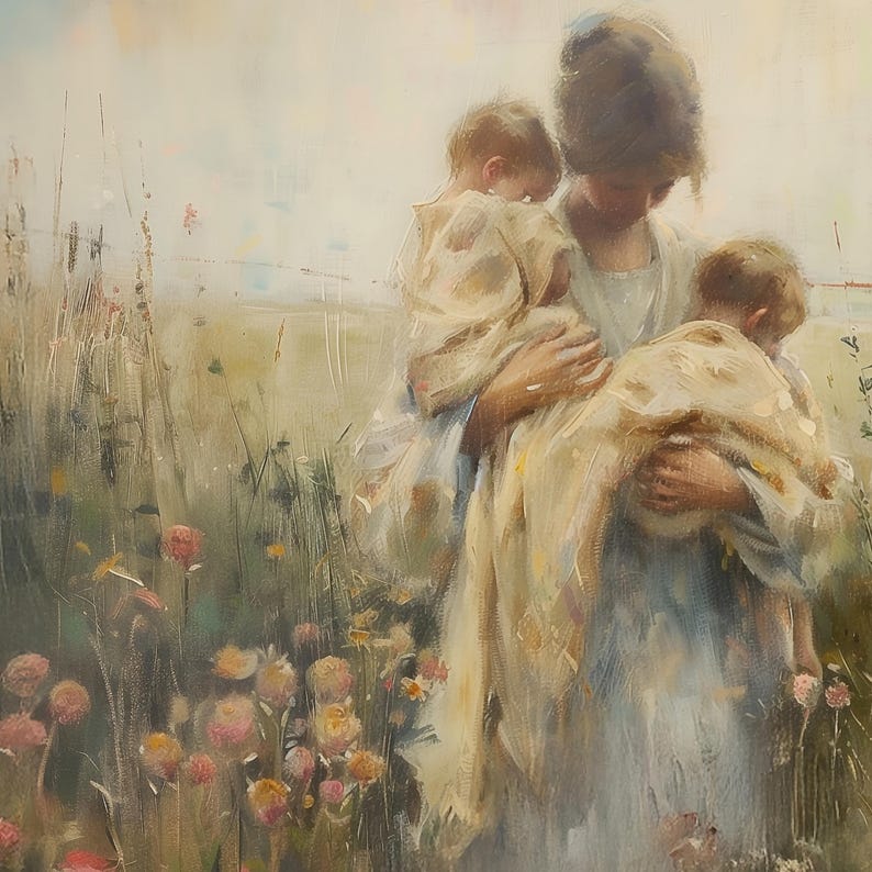 May include: A painting of a woman holding two young children in a field of wildflowers. The woman is wearing a white dress and the children are wearing white and yellow clothing. The background is a soft, muted palette of greens, blues, and yellows.