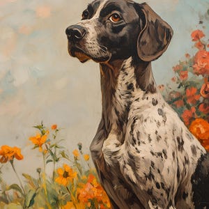 May include: A painting of a black and white spotted dog with brown ears, looking up and to the left. The dog is standing in a field of yellow flowers.
