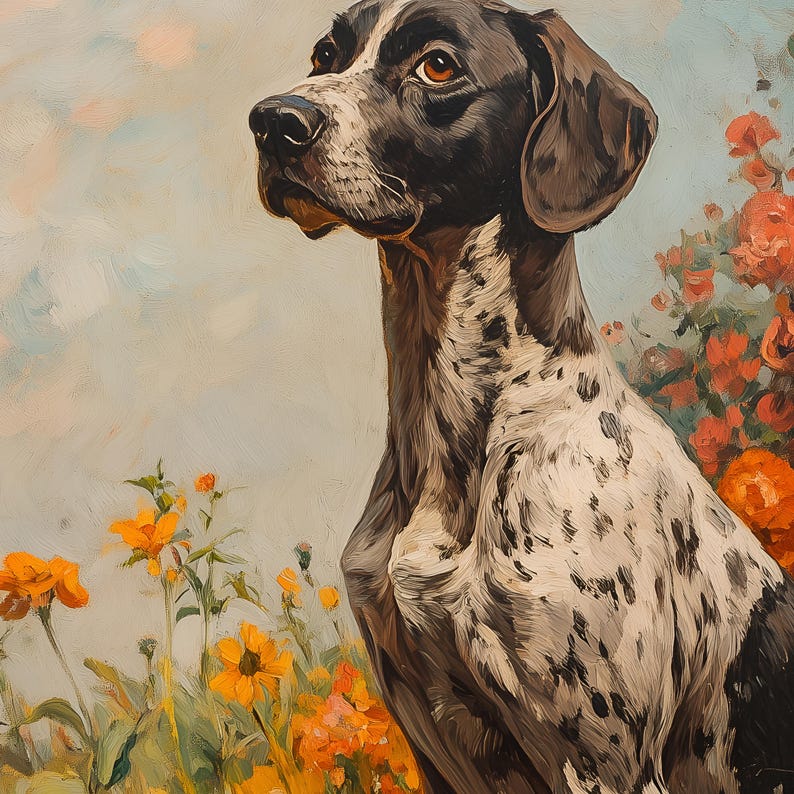 May include: A painting of a black and white spotted dog with brown ears, looking up and to the left. The dog is standing in a field of yellow flowers.
