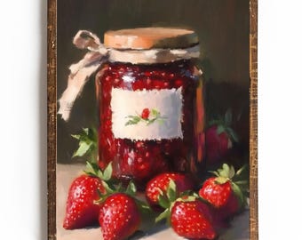 Sztuka ścienna w stylu rustykalnym do kuchni Wystrój kuchni Cottagecore Wystrój truskawkowy Dżem truskawkowy Wydrukowana sztuka kuchenna w stylu vintage Sztuka ciemnych owoców w stylu vintage