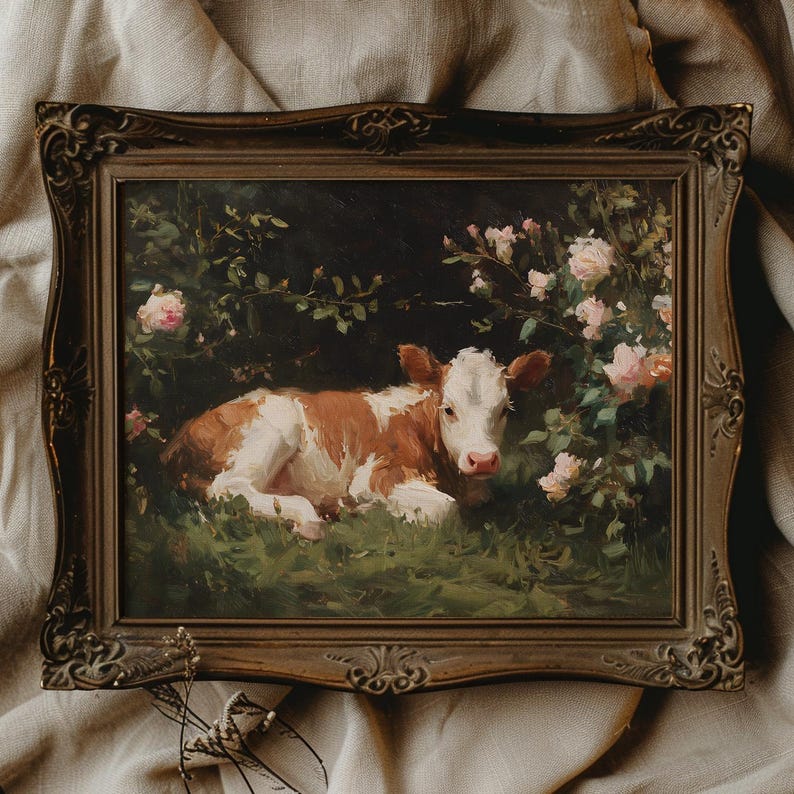 May include: An antique framed painting depicts a brown and white calf resting in a grassy area surrounded by pink roses. The ornate, dark brown frame adds a vintage aesthetic to the pastoral scene.
