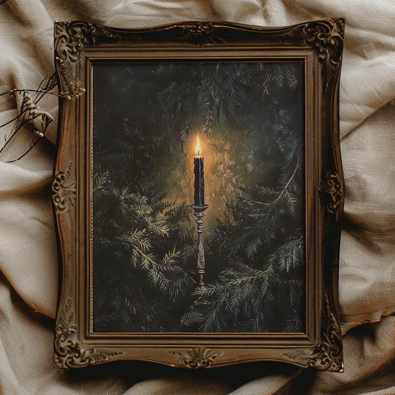 May include: A framed painting of a black candle burning in a silver candlestick, surrounded by dark green pine branches.
