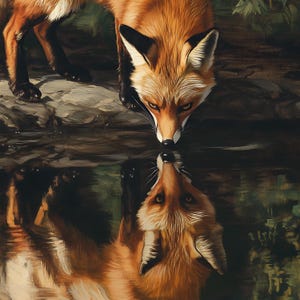May include: A detailed painting of a red fox looking down at its reflection in the water. The fox has a white chest and black ears. The water reflects the fox and the surrounding foliage, creating a symmetrical image.