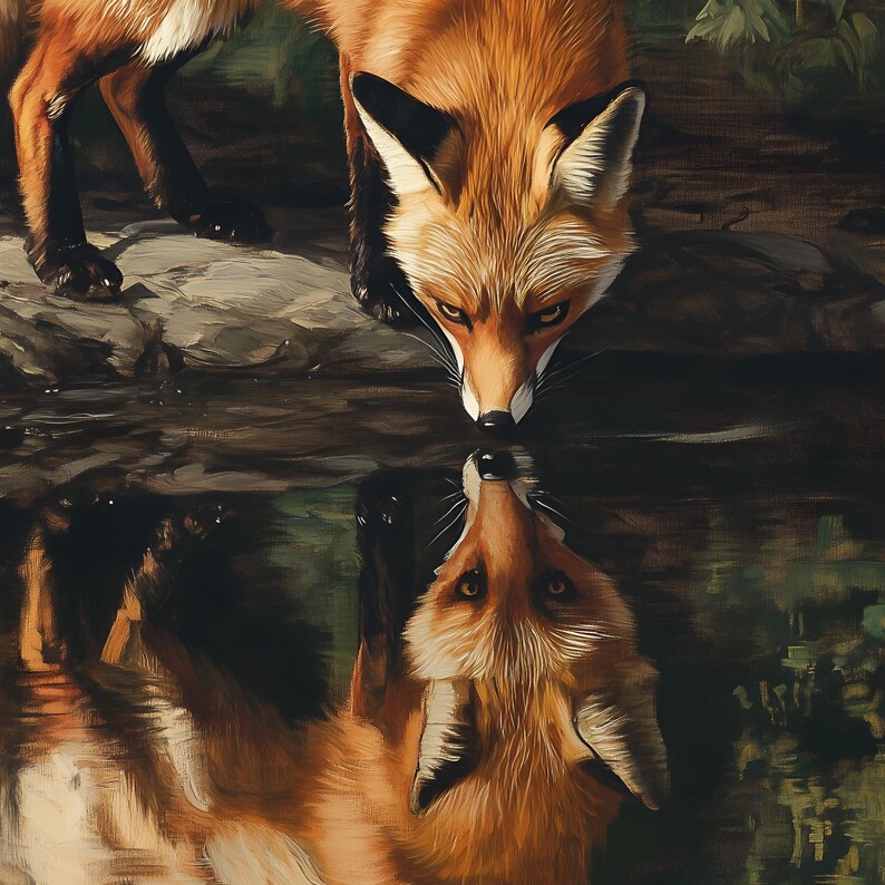 May include: A detailed painting of a red fox looking down at its reflection in the water. The fox has a white chest and black ears. The water reflects the fox and the surrounding foliage, creating a symmetrical image.