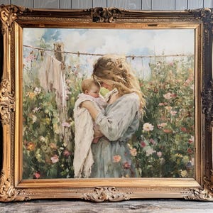 May include: A framed oil painting depicting a woman holding a baby in a field of flowers. The woman is wearing a light blue dress and has long blonde hair. The baby is wearing a white dress and has a pink blanket. The painting is set in a garden with a clothesline in the background.