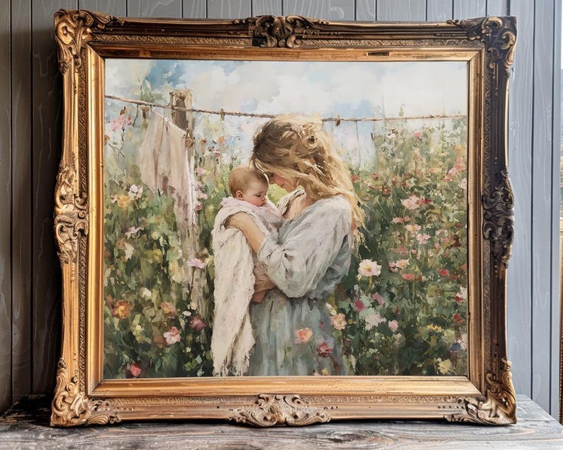 May include: A framed oil painting depicting a woman holding a baby in a field of flowers. The woman is wearing a light blue dress and has long blonde hair. The baby is wearing a white dress and has a pink blanket. The painting is set in a garden with a clothesline in the background.