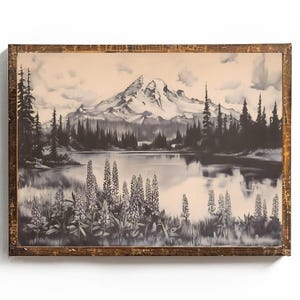 Mt Rainier Print of Mount Rainier National Park Poster Lupine Wall Art Washington State Print Mountain Painting Printable Gift for Traveler