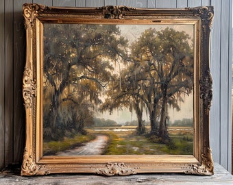 May include: A framed oil painting depicting a landscape with two large trees with Spanish moss hanging from their branches. The trees are in the foreground of the painting, and a dirt road leads to a body of water in the background. The painting is framed in a gold frame.