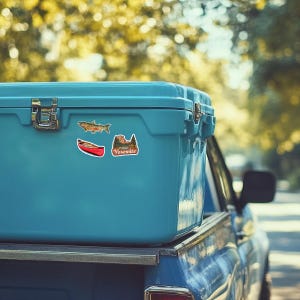 May include: A bright light blue cooler featuring three stickers on its side: a brown fish, a red canoe, and a landscape illustration with the text Yosemite. The cooler has a metallic latch and is positioned on the back of a blue vehicle.