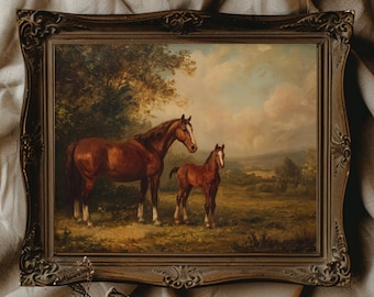 Mare and Foal Giclee Print: Vintage Horse Art, Cottagecore Decor