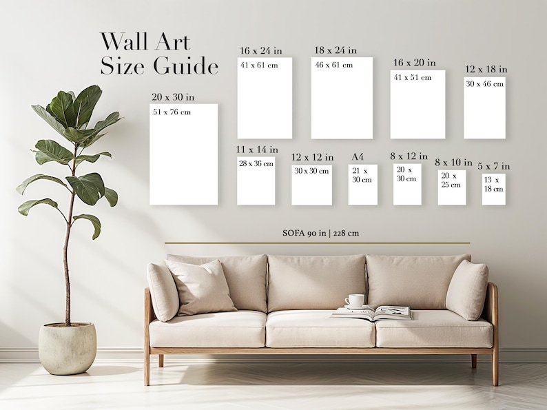May include: A wall art size guide displays various rectangular canvas sizes, including 20 x 30 inches, 16 x 24 inches, and 18 x 24 inches. The guide is above a beige sofa, with a potted plant on the left. The text "Wall Art Size Guide" is at the top.