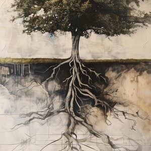 May include: A black and white drawing of a tree with its roots exposed. The tree is drawn in a realistic style, with detailed branches and leaves. The roots are shown as a network of thick, gnarled branches that extend deep into the ground.