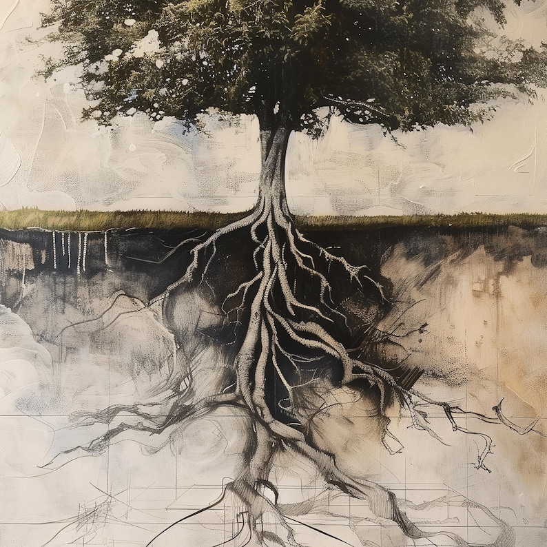 May include: A black and white drawing of a tree with its roots exposed. The tree is drawn in a realistic style, with detailed branches and leaves. The roots are shown as a network of thick, gnarled branches that extend deep into the ground.