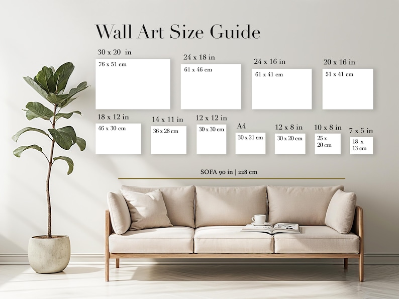 May include: Wall art size guide with dimensions in inches and centimeters. Includes sizes such as 30 x 20 in (76 x 51 cm), 24 x 18 in (61 x 46 cm), and smaller options. A sofa, a plant, and a book are also visible.