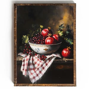 Granatowy nadruk Dark Academia Kitchen Decor Dark Cottagecore Kitchen Wall Art do kuchni Moody Kitchen Art Dark Fruit Oil Painting Fruit