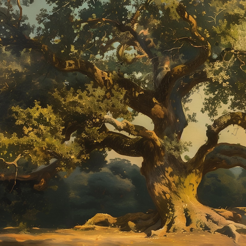 May include: A large, ancient oak tree with thick branches and a wide, spreading canopy. The tree is in a woodland setting, with other trees visible in the background. Sunlight is shining through the leaves of the tree, creating a dappled effect on the ground.