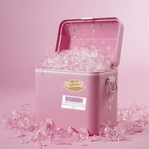May include: A pink cooler filled with ice cubes. The cooler features two stickers: a tan cowboy hat shape with the text "CHASE SUNSETS NOT COWBOYS" and a rectangular white sticker with the text "WARNING I get distracted by fancy saddles, pretty headstalls, fun, shiny horses, and sparkly things."