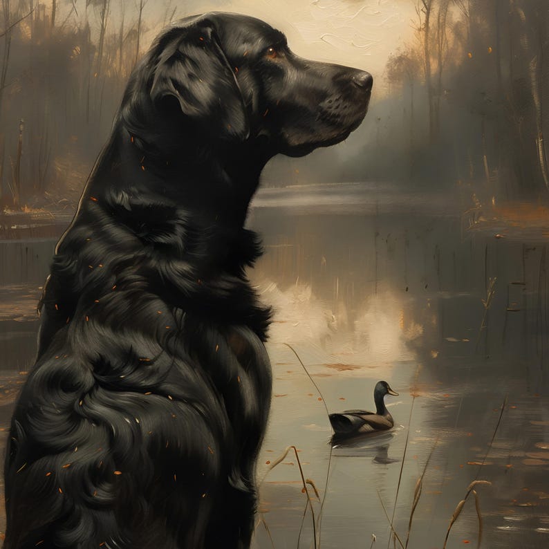 Puede incluir: Un labrador retriever negro se encuentra junto a un lago, mirando a un pato que nada en el agua. El pelaje del perro es oscuro y brillante, y el lago es tranquilo y reflectante. El fondo es una escena borrosa de bosque.