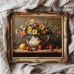May include: A vintage oil painting in a gold frame depicts a still life of a floral arrangement in a patterned teapot with a lemon and strawberries on a wooden table.