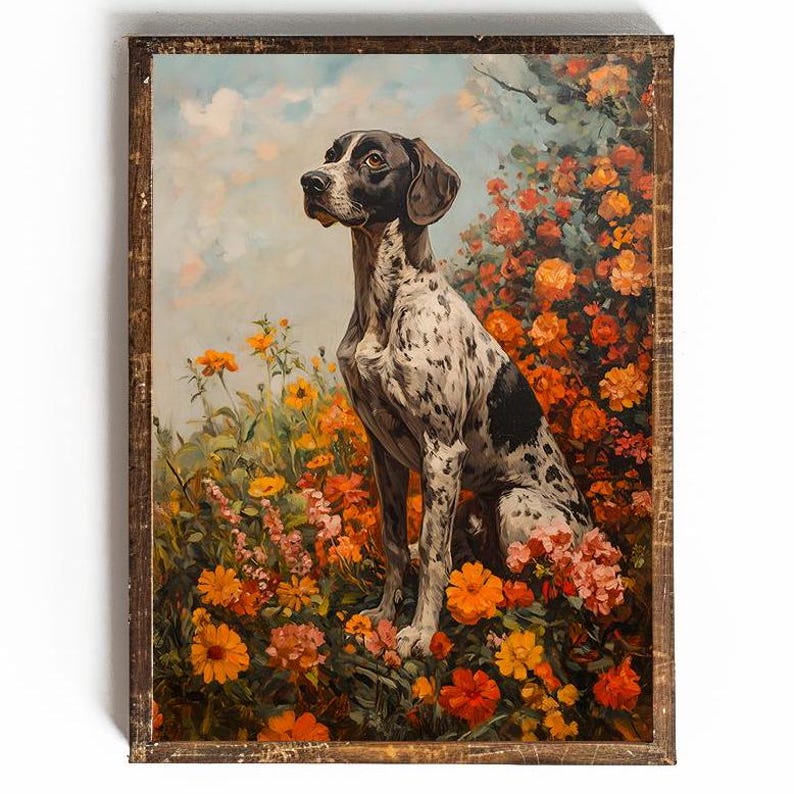 May include: A black and white spotted dog sits in a field of colorful flowers. The dog is looking to the left of the image. The flowers are in shades of red, orange, yellow, and pink.