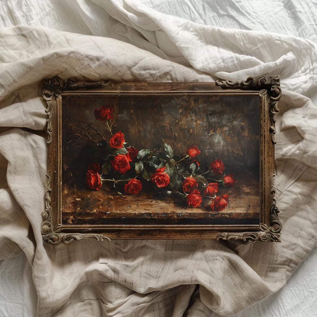 Dark Red Rose Wall Art Moody Wall Decor Vintage Valentines Day ...