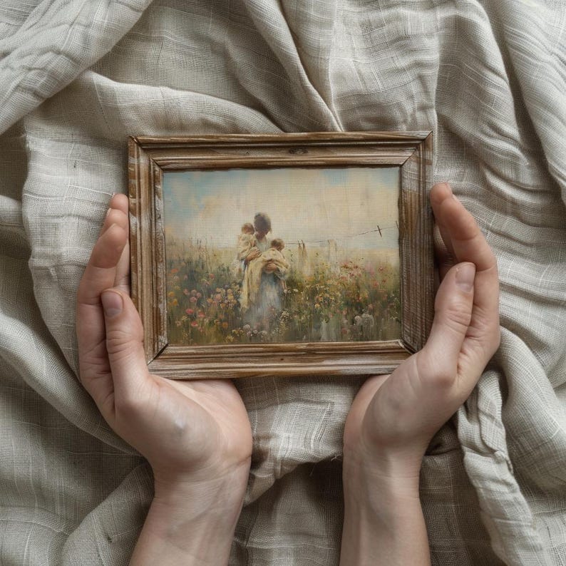 May include: A framed painting depicting a woman carrying two children in a field of wildflowers. The painting has a soft, muted color palette with shades of blue, green, and yellow.