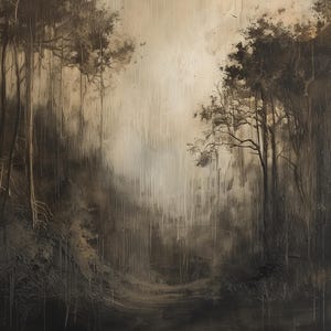 May include: A painting of a forest scene with tall trees and a misty background. The trees are dark brown and the mist is a light beige color. The painting has a dark and moody feel.