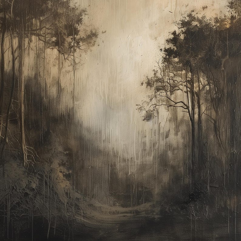 May include: A painting of a forest scene with tall trees and a misty background. The trees are dark brown and the mist is a light beige color. The painting has a dark and moody feel.