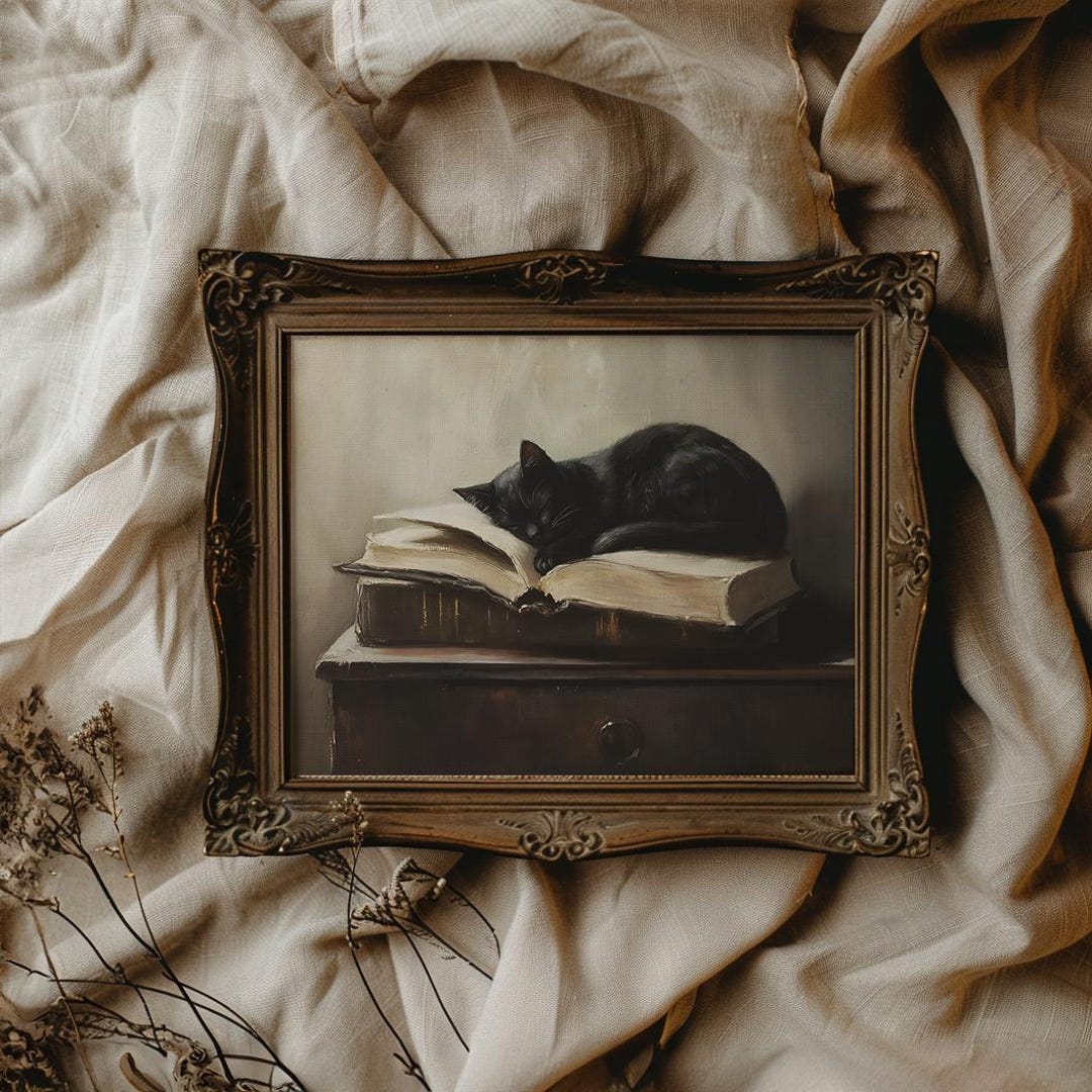 Black Cat Canvas Print – Dark Academia Wall Art - Vintage Cat Art - Etsy