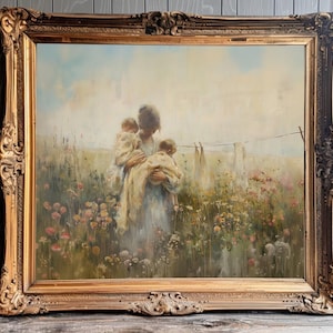 May include: A vintage oil painting in a gold frame depicts a woman in a white dress holding two children in a field of wildflowers. The painting has a soft, dreamy feel and evokes a sense of peace and tranquility.