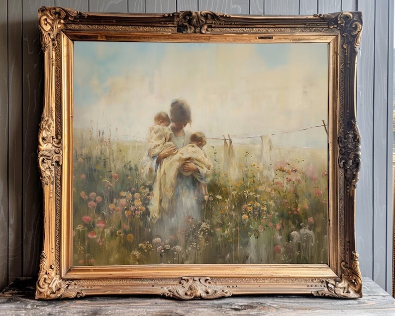 May include: A vintage oil painting in a gold frame depicts a woman in a white dress holding two children in a field of wildflowers. The painting has a soft, dreamy feel and evokes a sense of peace and tranquility.