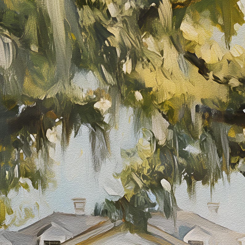 May include: A painting of a tree with green and yellow leaves hanging over two gray houses with white trim.