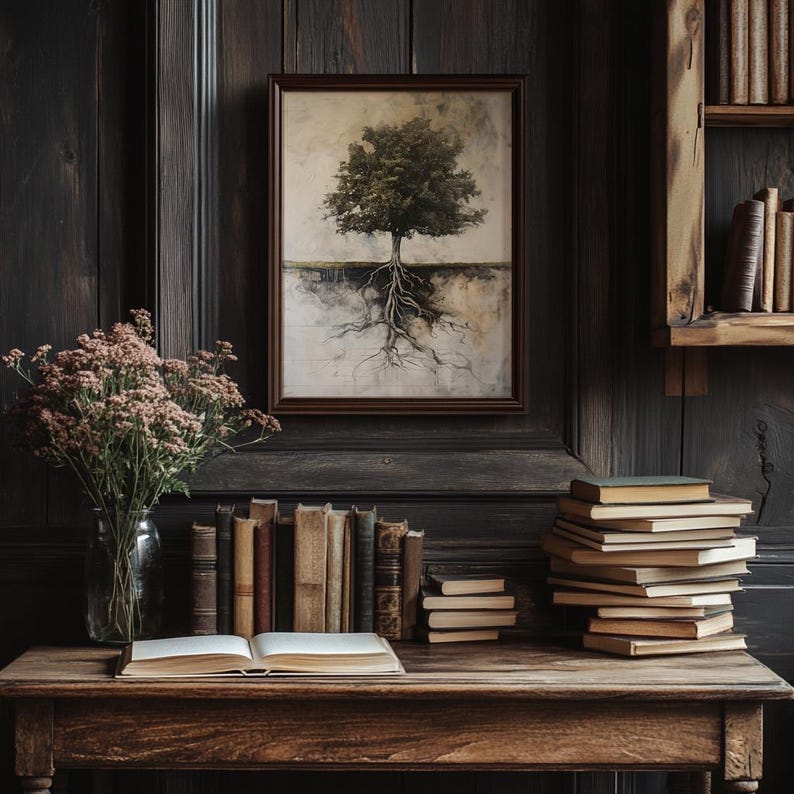 May include: A framed painting of a tree with roots extending out from the trunk. The painting is hanging on a dark wood wall with a bookshelf to the right. A stack of books is on a wooden table in front of the painting.