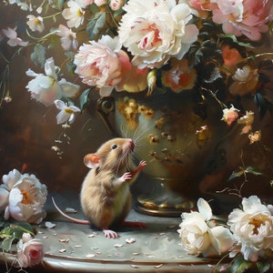 May include: A small brown mouse with white feet sits on a table with a vase of white and pink flowers. The vase is decorated with gold accents and has a floral pattern.