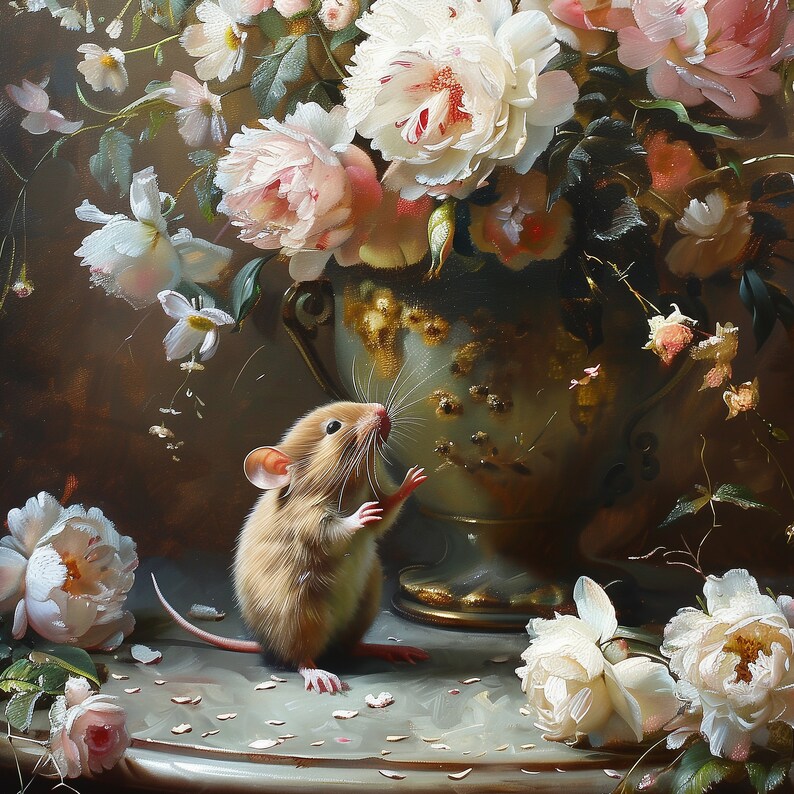 May include: A small brown mouse with white feet sits on a table with a vase of white and pink flowers. The vase is decorated with gold accents and has a floral pattern.