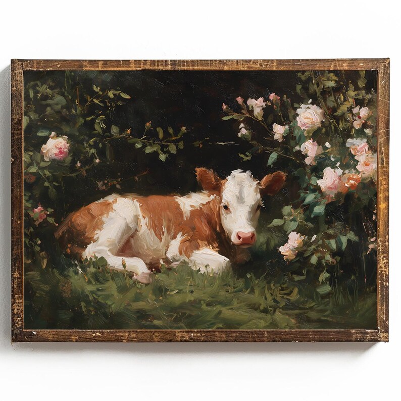 May include: A framed painting of a brown and white calf resting in a grassy area surrounded by pink roses and green foliage. The artwork has a rustic, vintage aesthetic with a dark background.