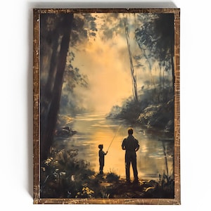 Regalo imprimible para padre e hijo para el Día del Padre, regalo para papá, regalo de hijo, pintura de paternidad, arte cottagecore, decoración de pesca para arte de cabaña