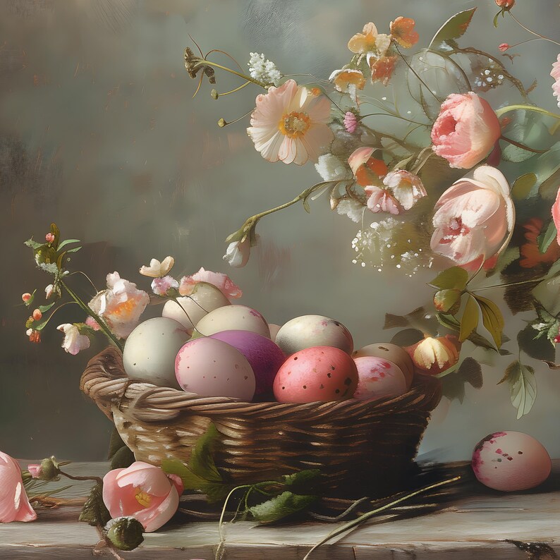 May include: A wicker basket filled with a variety of pastel-coloured eggs, surrounded by delicate pink and white flowers. The basket is sitting on a wooden surface.