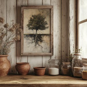 May include: A rustic wooden wall with a framed painting of a tree with roots, a vase with dried flowers, and several glass jars with lids on a wooden shelf.